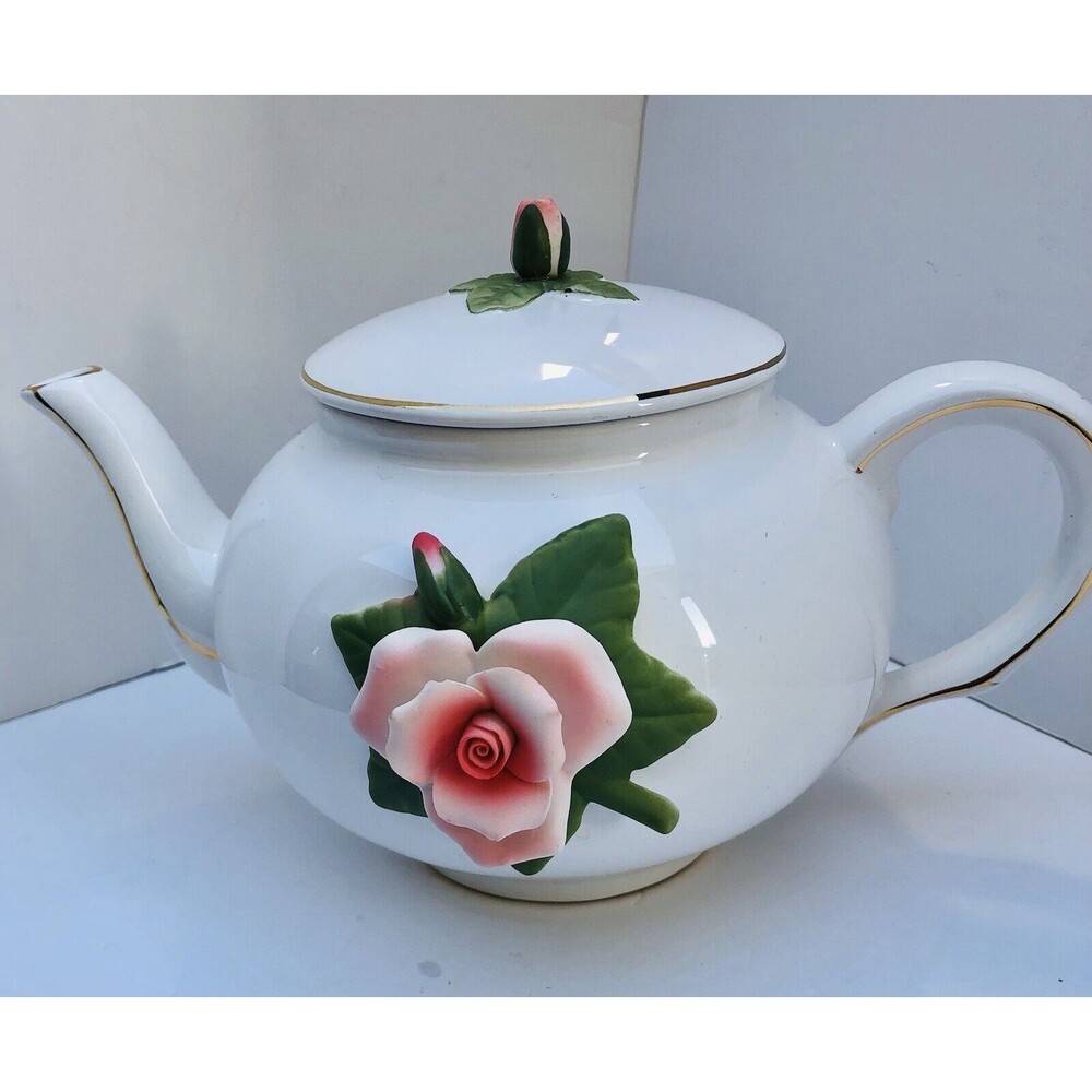 Teleflora Gift Peach Rose vintage Teapot Porcelain white with Gold Trim